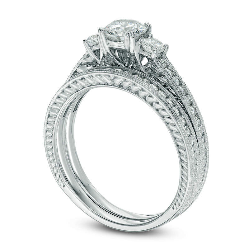 1.0 CT. T.W. Natural Diamond Three Stone Antique Vintage-Style Engraved Bridal Engagement Ring Set in Solid 10K White Gold