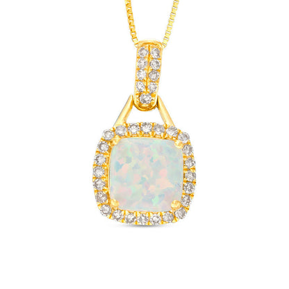 7.0mm Cushion-Cut Lab-Created Opal and 0.2 CT. T.W. Diamond Frame Doorknocker Drop Pendant in 10K Yellow Gold
