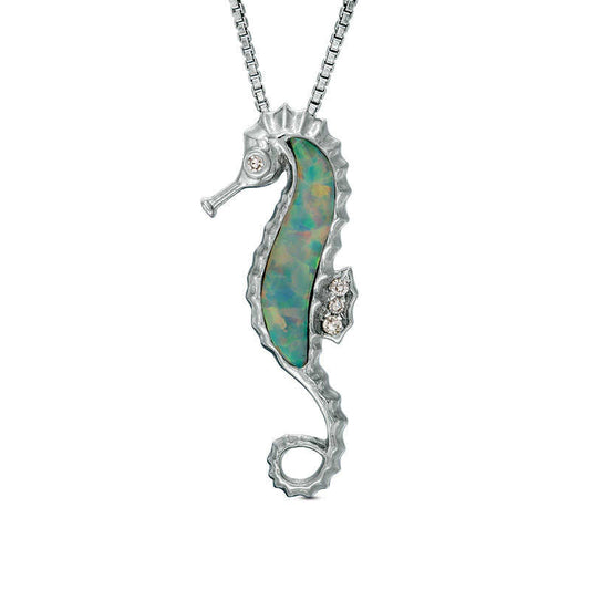 Lab-Created Opal and Diamond Accent Seahorse Pendant in Sterling Silver