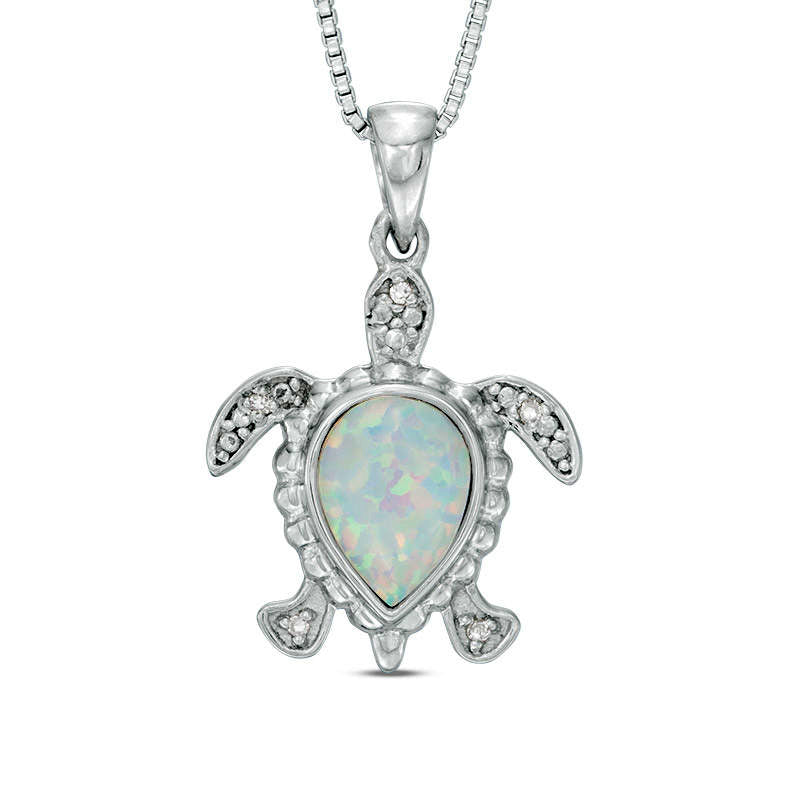 Lab-Created Opal and Diamond Accent Beaded Sea Turtle Pendant in Sterling Silver