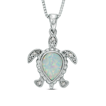 Lab-Created Opal and Diamond Accent Beaded Sea Turtle Pendant in Sterling Silver