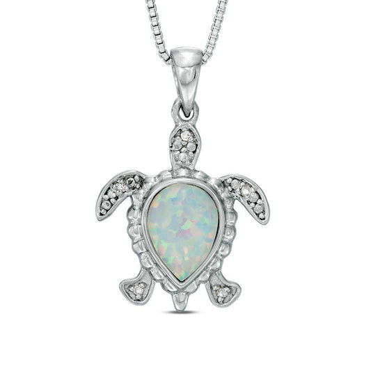 Lab-Created Opal and Diamond Accent Beaded Sea Turtle Pendant in Sterling Silver