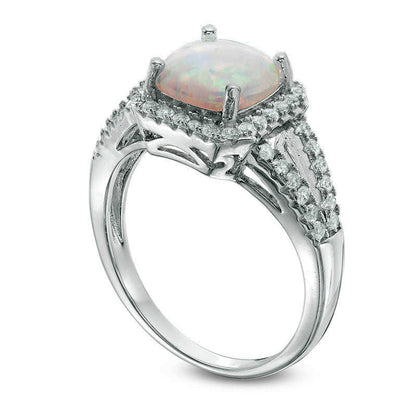 8.0mm Cushion-Cut Lab-Created Opal and White Topaz Frame Split Shank Ring in Sterling Silver