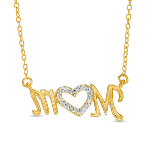 0.1 CT. T.W. Natural Diamond Mom" Heart Necklace in Sterling Silver with Yellow Rhodium"