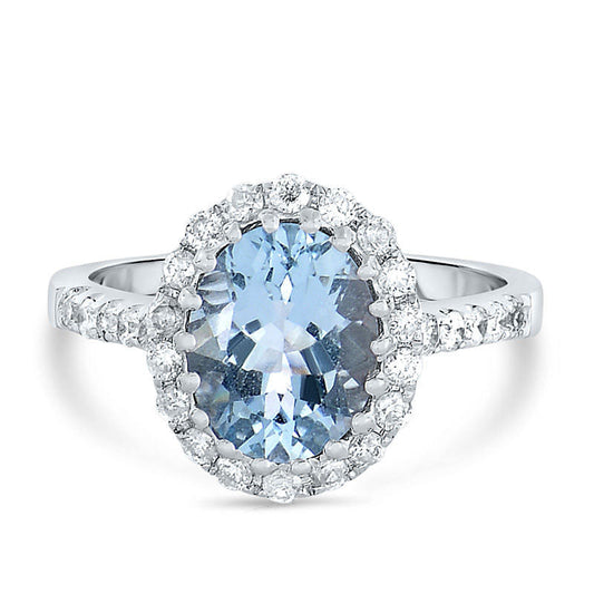 Oval Aquamarine and 0.50 CT. T.W. Natural Diamond Frame Ring in Solid 14K White Gold