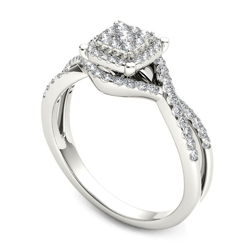 0.38 CT. T.W. Composite Natural Diamond Square Frame Twist Engagement Ring in Solid 14K White Gold