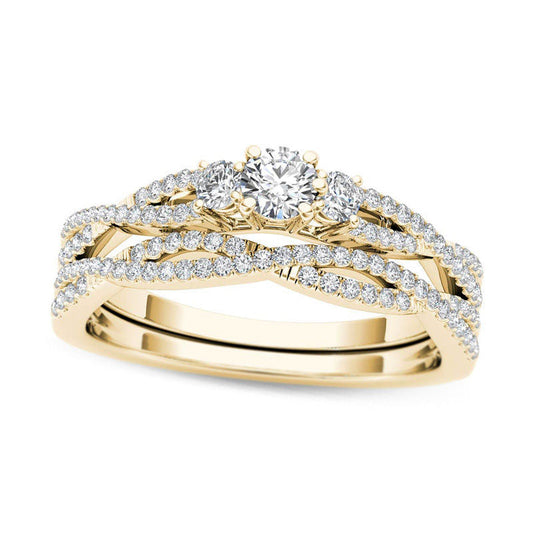 0.50 CT. T.W. Natural Diamond Three Stone Twist Bridal Engagement Ring Set in Solid 14K Gold