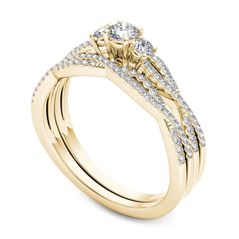 0.50 CT. T.W. Natural Diamond Three Stone Twist Bridal Engagement Ring Set in Solid 14K Gold