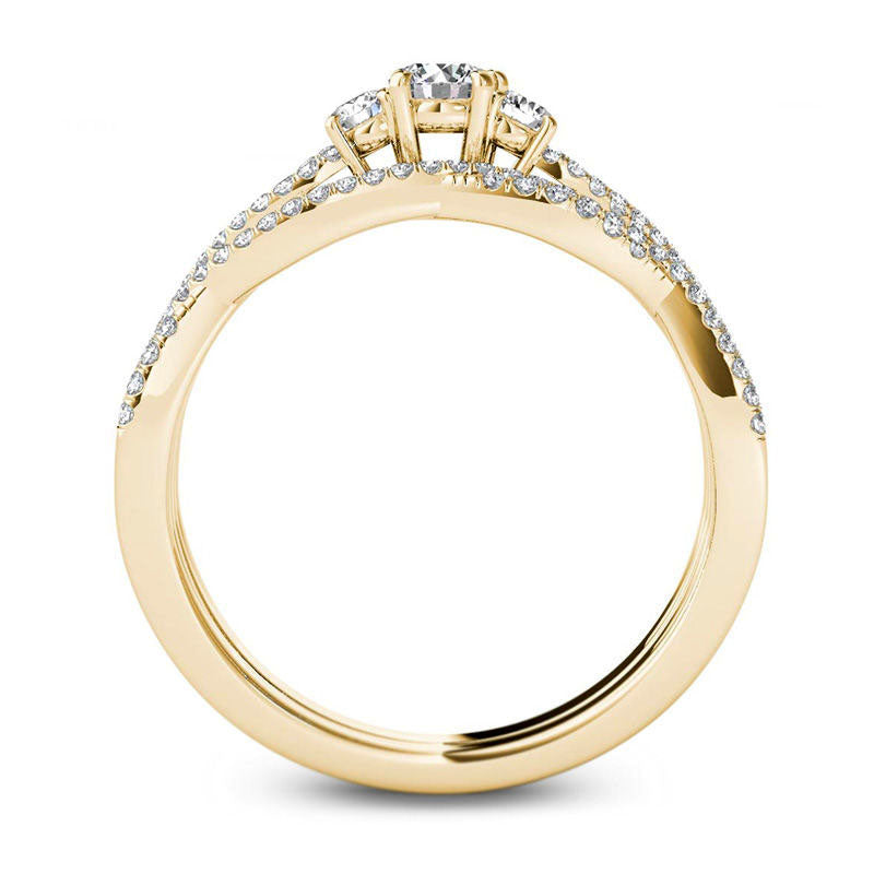 0.50 CT. T.W. Natural Diamond Three Stone Twist Bridal Engagement Ring Set in Solid 14K Gold