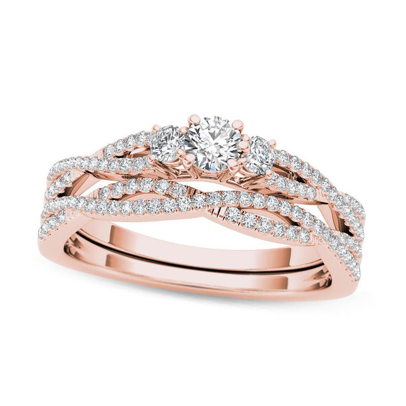 0.50 CT. T.W. Natural Diamond Three Stone Twist Bridal Engagement Ring Set in Solid 14K Rose Gold