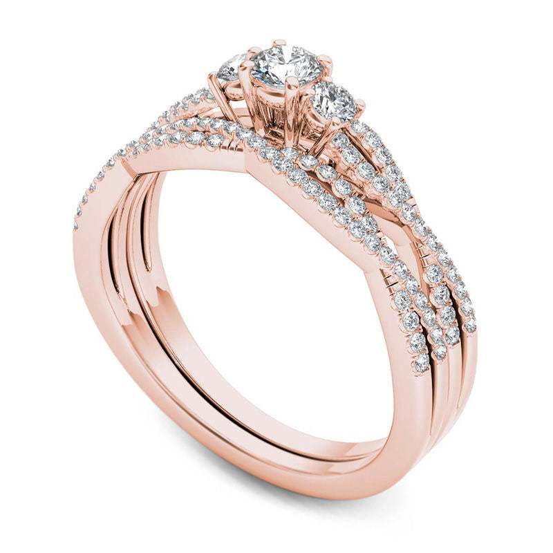 0.50 CT. T.W. Natural Diamond Three Stone Twist Bridal Engagement Ring Set in Solid 14K Rose Gold