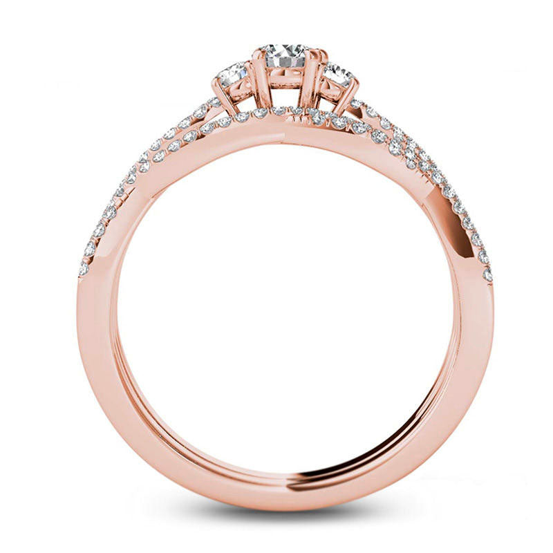 0.50 CT. T.W. Natural Diamond Three Stone Twist Bridal Engagement Ring Set in Solid 14K Rose Gold