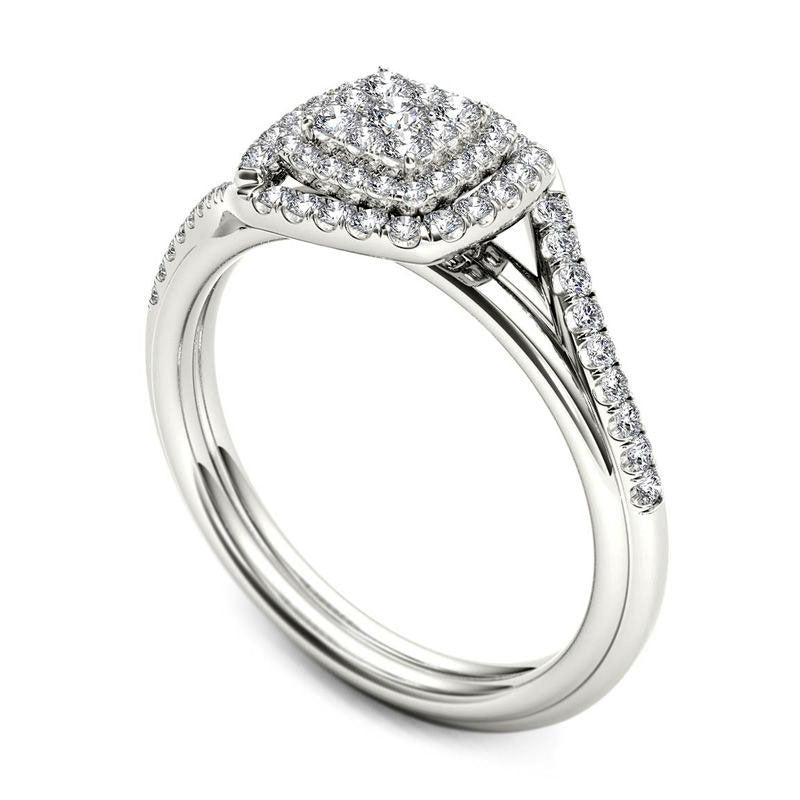 0.38 CT. T.W. Composite Natural Diamond Double Square Frame Bypass Engagement Ring in Solid 14K White Gold