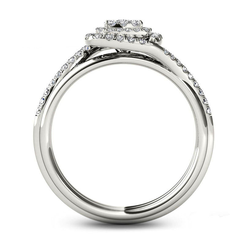 0.38 CT. T.W. Composite Natural Diamond Double Square Frame Bypass Engagement Ring in Solid 14K White Gold