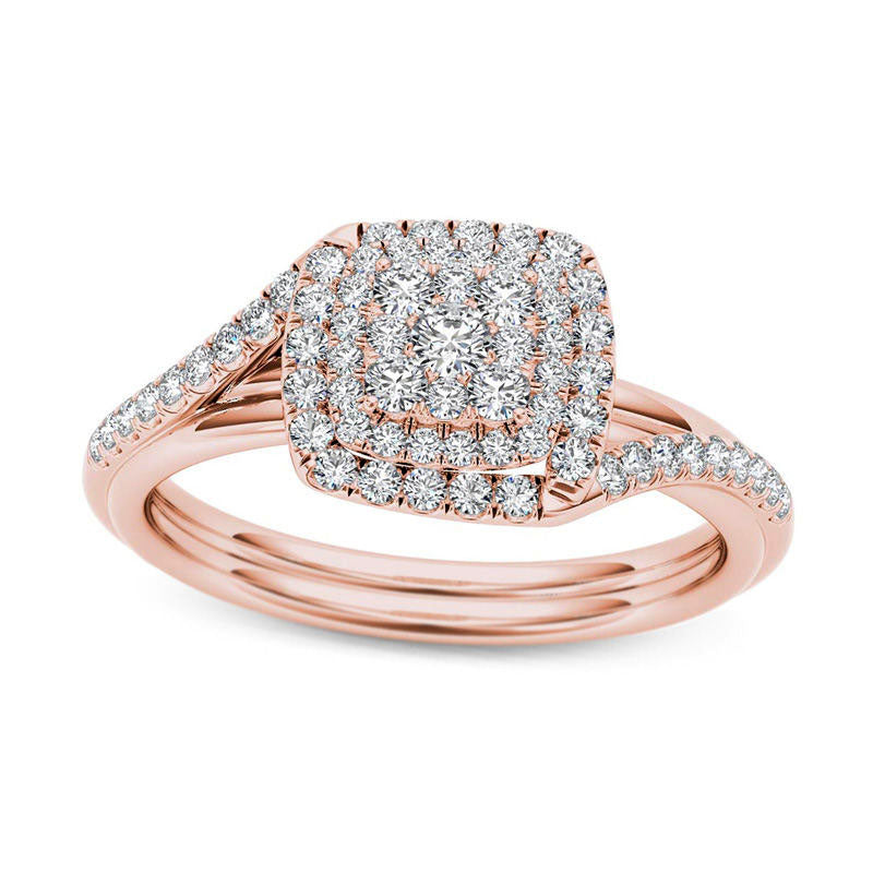 0.38 CT. T.W. Composite Natural Diamond Double Square Frame Bypass Engagement Ring in Solid 14K Rose Gold