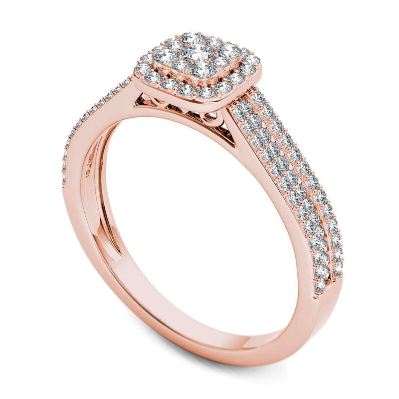 0.50 CT. T.W. Composite Natural Diamond Cushion Frame Multi-Row Engagement Ring in Solid 14K Rose Gold