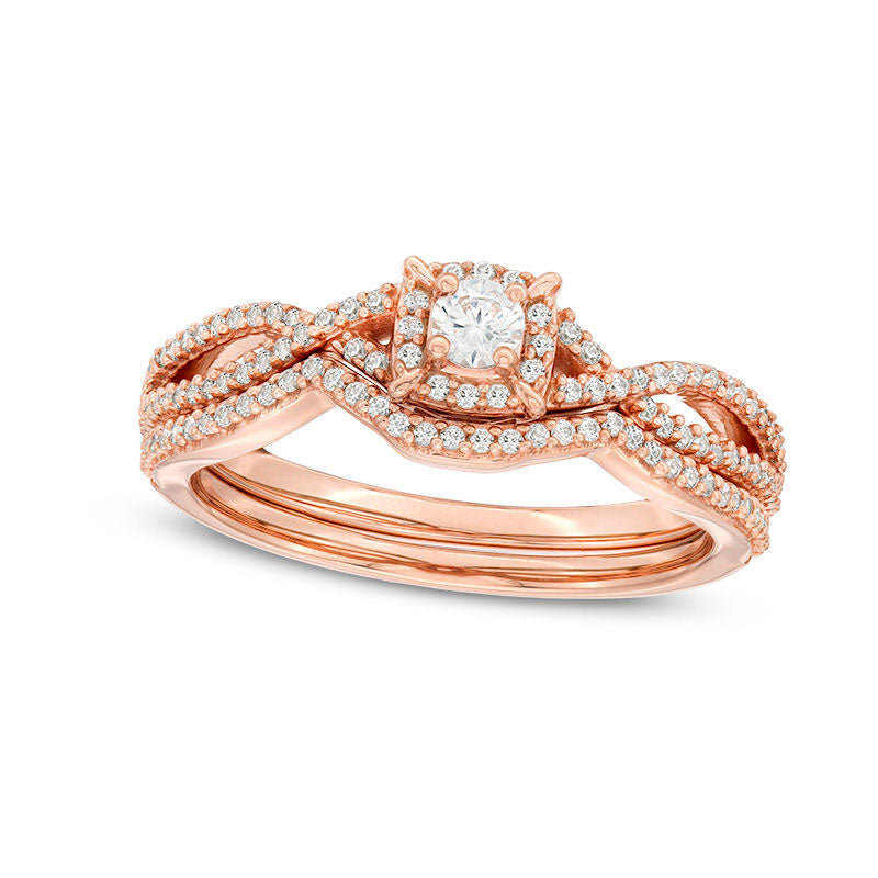 0.38 CT. T.W. Natural Diamond Cushion Frame Twist Bridal Engagement Ring Set in Solid 14K Rose Gold