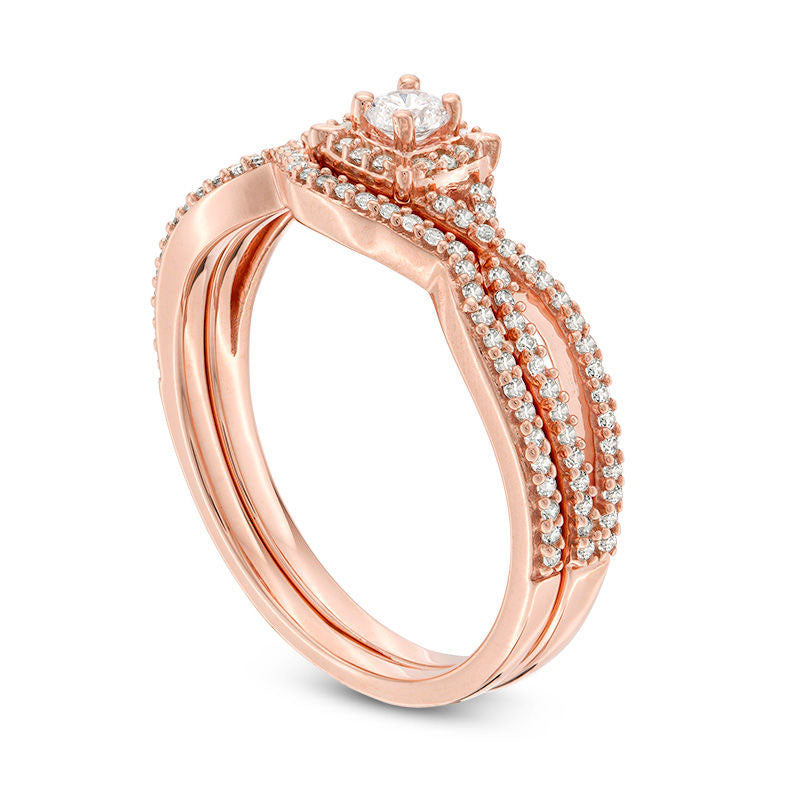 0.38 CT. T.W. Natural Diamond Cushion Frame Twist Bridal Engagement Ring Set in Solid 14K Rose Gold