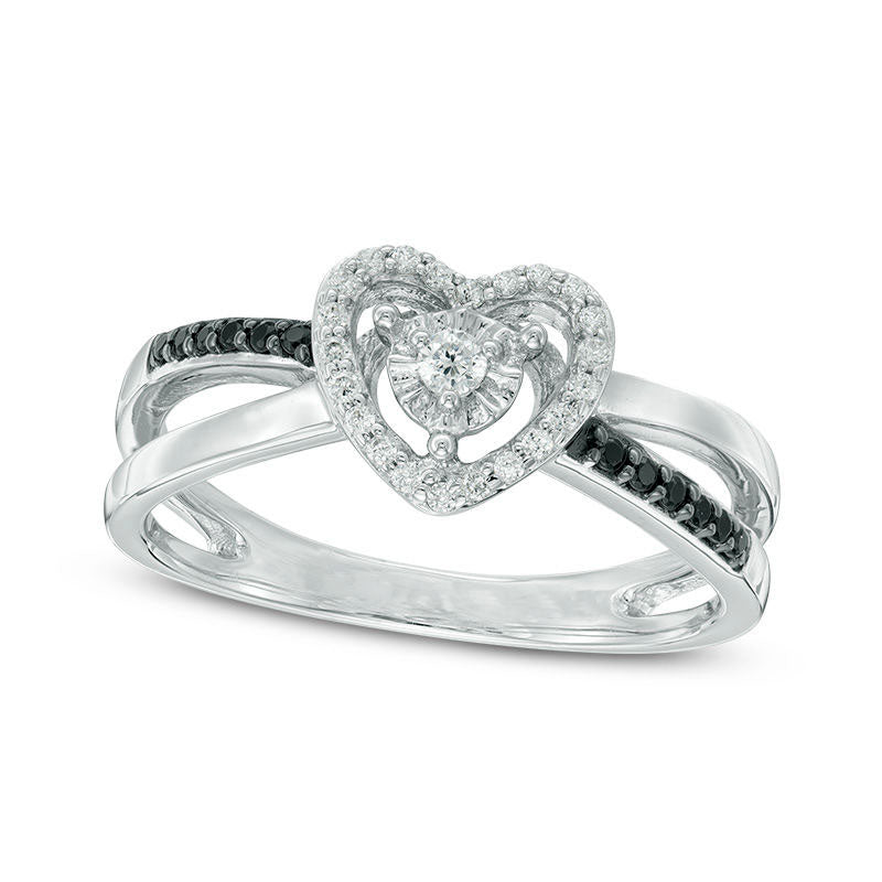 0.20 CT. T.W. Enhanced Black and White Natural Diamond Heart Frame Split Shank Promise Ring in Sterling Silver