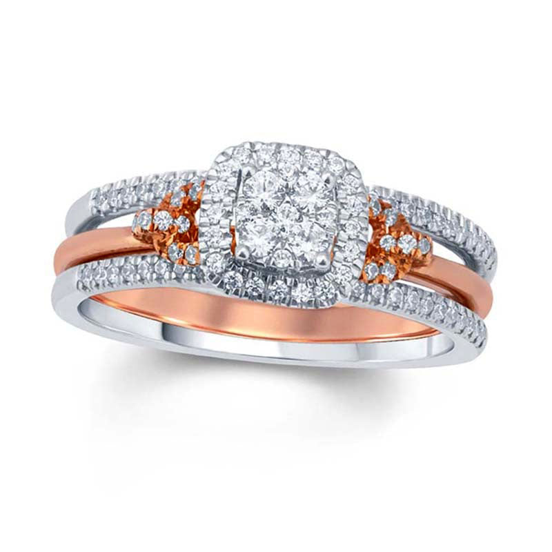 0.50 CT. T.W. Composite Natural Diamond Cushion Frame Bridal Engagement Ring Set in Solid 10K Two-Tone Gold