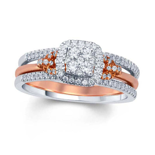 0.50 CT. T.W. Composite Natural Diamond Cushion Frame Bridal Engagement Ring Set in Solid 10K Two-Tone Gold