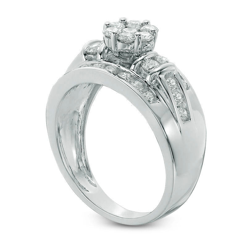 1.0 CT. T.W. Natural Diamond Flower Cluster Engagement Ring in Solid 14K White Gold