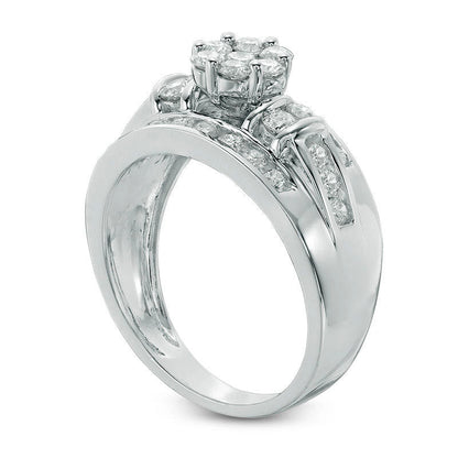 1.0 CT. T.W. Natural Diamond Flower Cluster Engagement Ring in Solid 14K White Gold