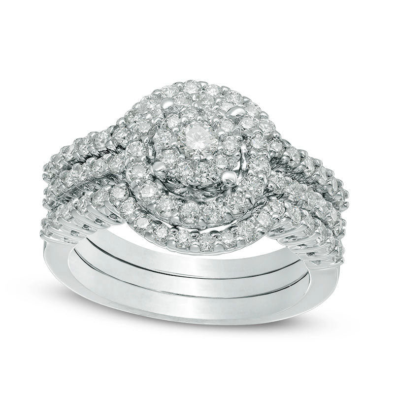 1.13 CT. T.W. Natural Diamond Flower Cluster Frame Three Piece Bridal Engagement Ring Set in Solid 14K White Gold