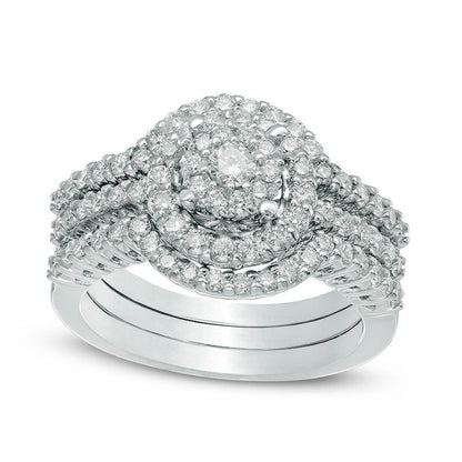 1.13 CT. T.W. Natural Diamond Flower Cluster Frame Three Piece Bridal Engagement Ring Set in Solid 14K White Gold