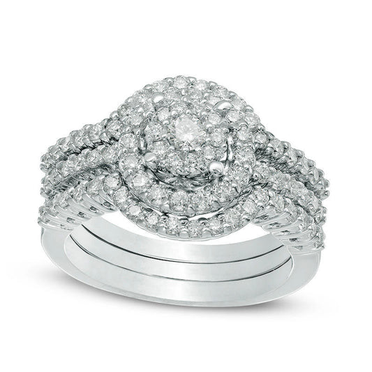 1.13 CT. T.W. Natural Diamond Flower Cluster Frame Three Piece Bridal Engagement Ring Set in Solid 14K White Gold