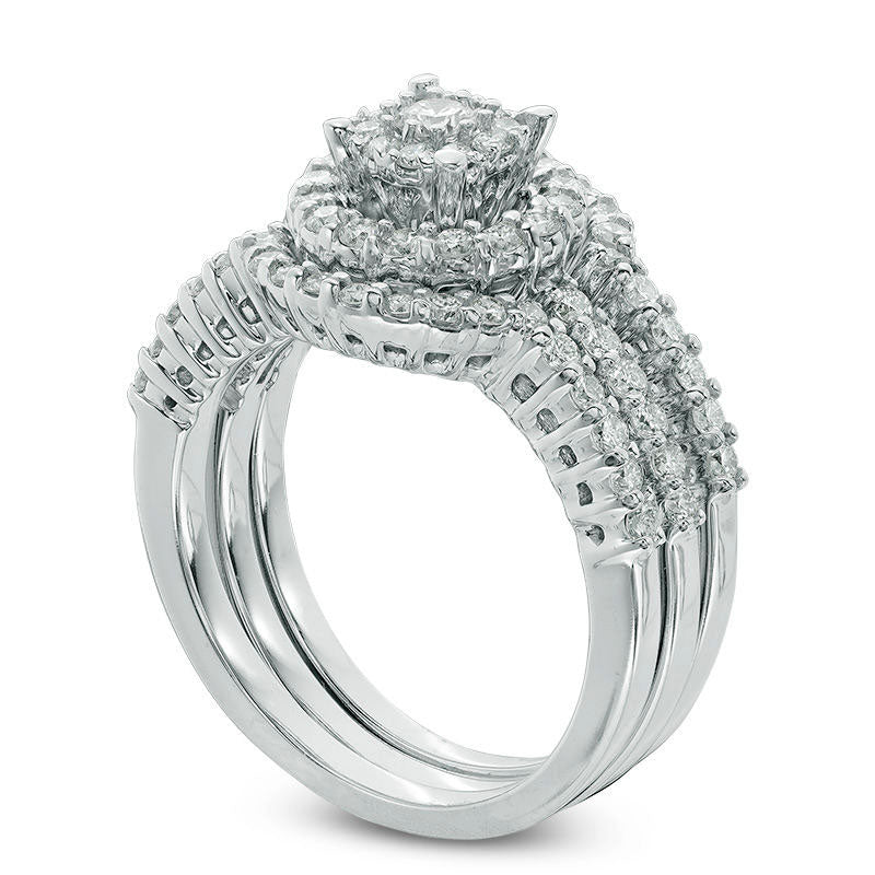 1.13 CT. T.W. Natural Diamond Flower Cluster Frame Three Piece Bridal Engagement Ring Set in Solid 14K White Gold