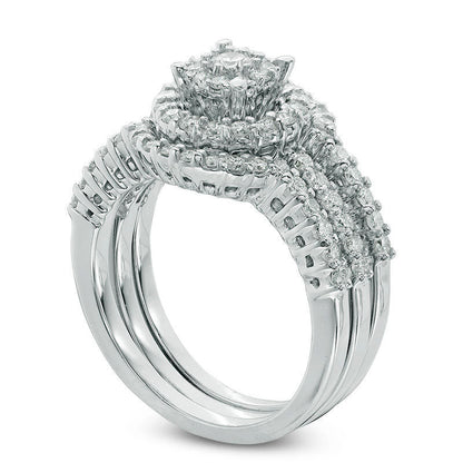 1.13 CT. T.W. Natural Diamond Flower Cluster Frame Three Piece Bridal Engagement Ring Set in Solid 14K White Gold