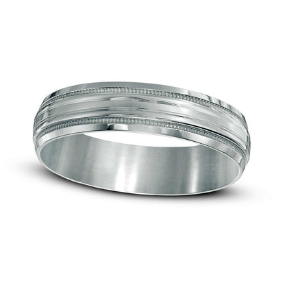 Men's 5.0mm Grooved Low Dome Wedding Band in Solid 10K White Gold