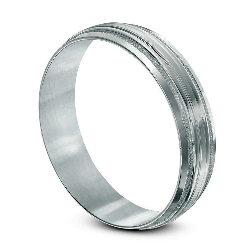 Men's 5.0mm Grooved Low Dome Wedding Band in Solid 10K White Gold