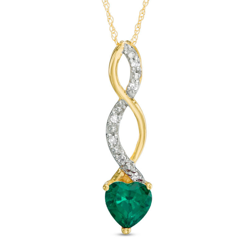 6.0mm Heart-Shaped Lab-Created Emerald and Diamond Accent Cascading Pendant in 10K Yellow Gold