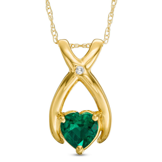 6.0mm Heart-Shaped Lab-Created Emerald and Diamond Accent Wishbone Pendant in 10K Yellow Gold
