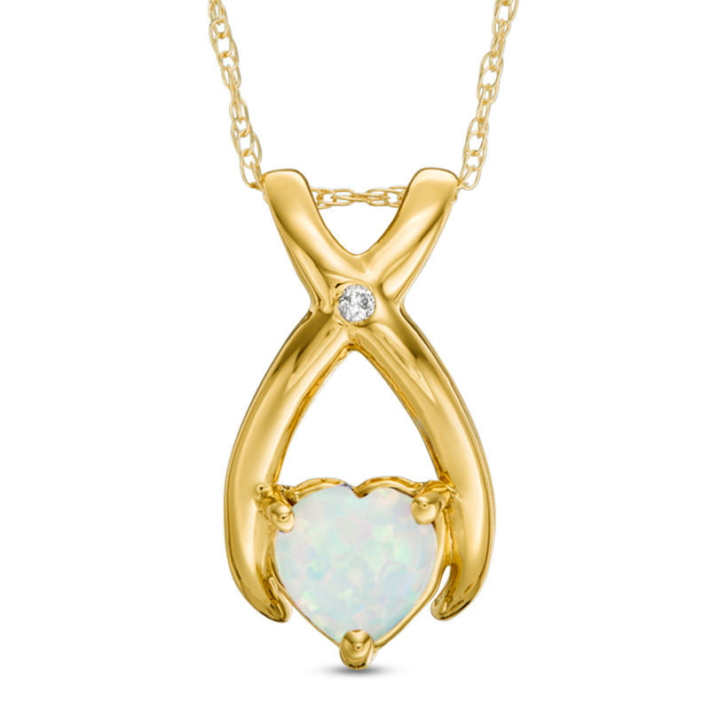 6.0mm Heart-Shaped Lab-Created Opal and Diamond Accent Wishbone Pendant in 10K Yellow Gold