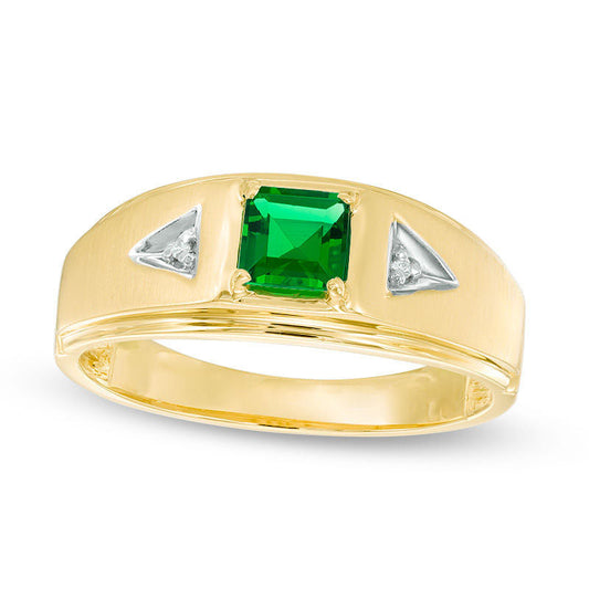 Men's 5.0mm Square Lab-Created Emerald and Diamond Accent Ring in Solid 10K Yellow Gold