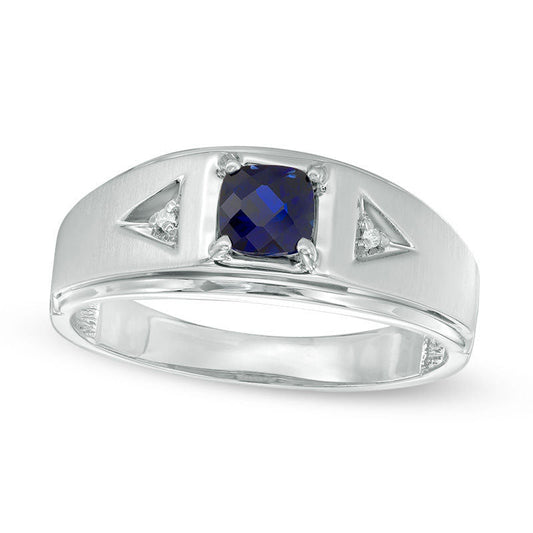 Men's 5.0mm Cushion-Cut Lab-Created Blue Sapphire and Diamond Accent Ring in Solid 10K White Gold