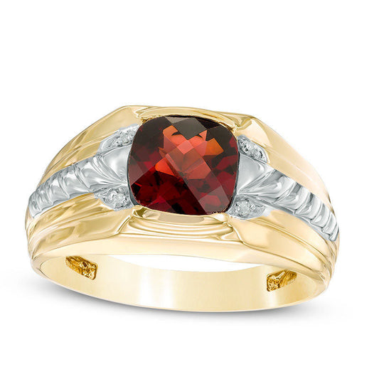 Men's 8.0mm Cushion-Cut Garnet and Natural Diamond Accent Comfort Fit Ring in Solid 10K Yellow Gold