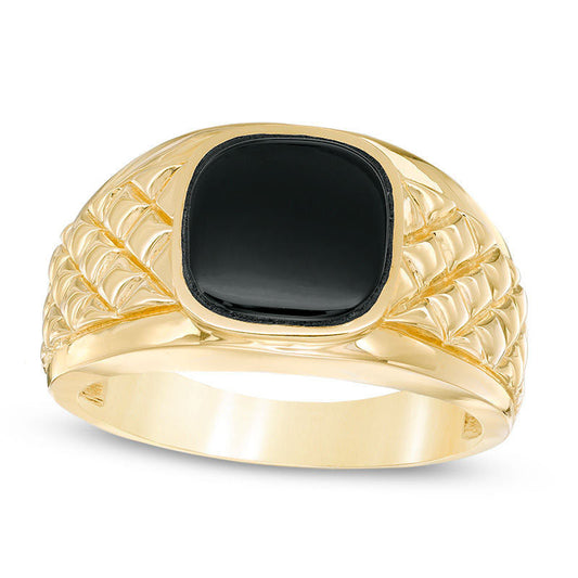 Men's 10.0mm Cushion-Cut Onyx Quilted Ring in Solid 10K Yellow Gold