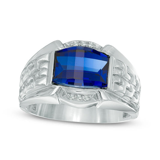 Men's Barrel-Cut Lab-Created Blue Sapphire and Diamond Accent Patterned Ring in Solid 10K White Gold