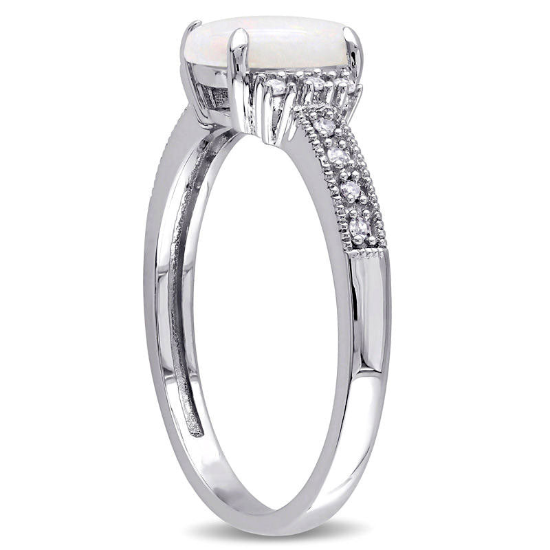 Oval Opal and Natural Diamond Accent Antique Vintage-Style Ring in Solid 10K White Gold