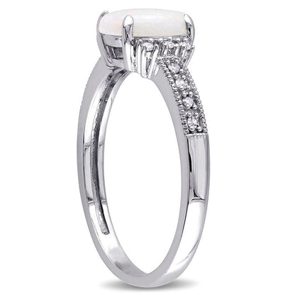 Oval Opal and Natural Diamond Accent Antique Vintage-Style Ring in Solid 10K White Gold