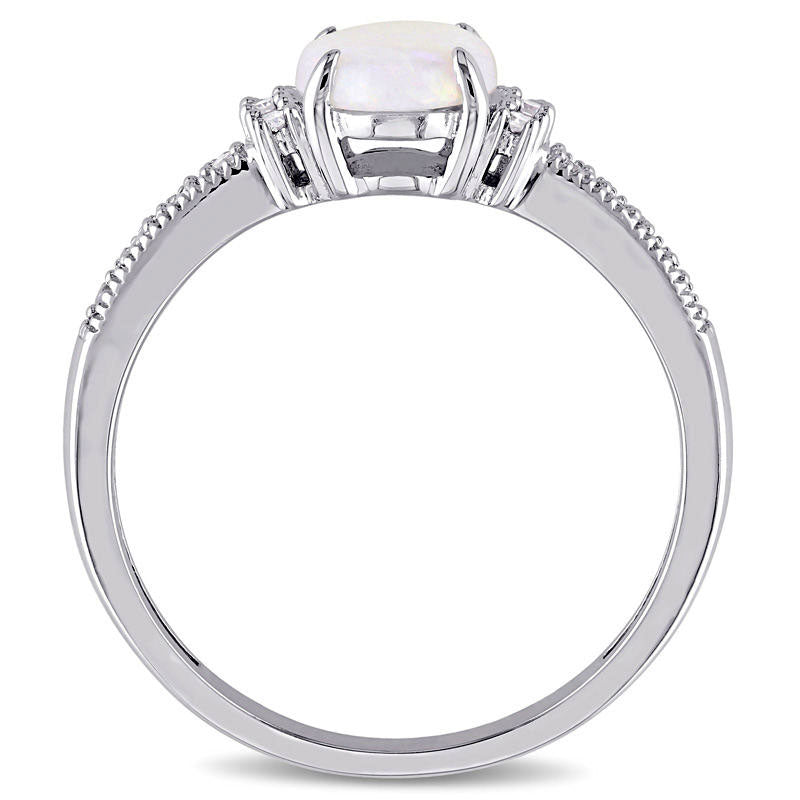 Oval Opal and Natural Diamond Accent Antique Vintage-Style Ring in Solid 10K White Gold