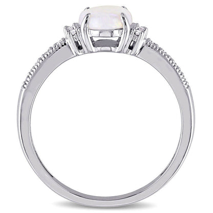 Oval Opal and Natural Diamond Accent Antique Vintage-Style Ring in Solid 10K White Gold