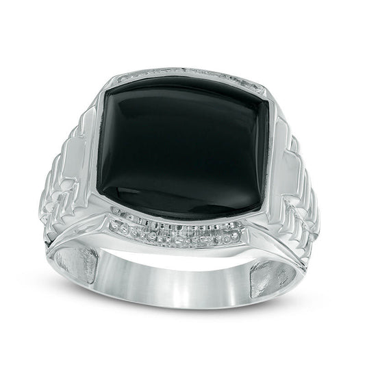 Men's 13.0mm Cushion-Cut Onyx Stepped Shank Ring in Solid 10K White Gold