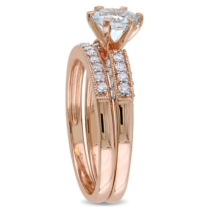 6.0mm Aquamarine and 0.33 CT. T.W. Natural Diamond Antique Vintage-Style Bridal Engagement Ring Set in Solid 10K Rose Gold