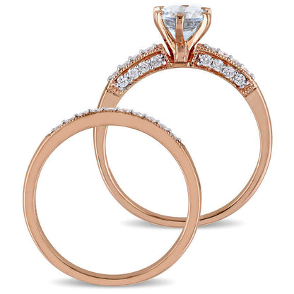 6.0mm Aquamarine and 0.33 CT. T.W. Natural Diamond Antique Vintage-Style Bridal Engagement Ring Set in Solid 10K Rose Gold