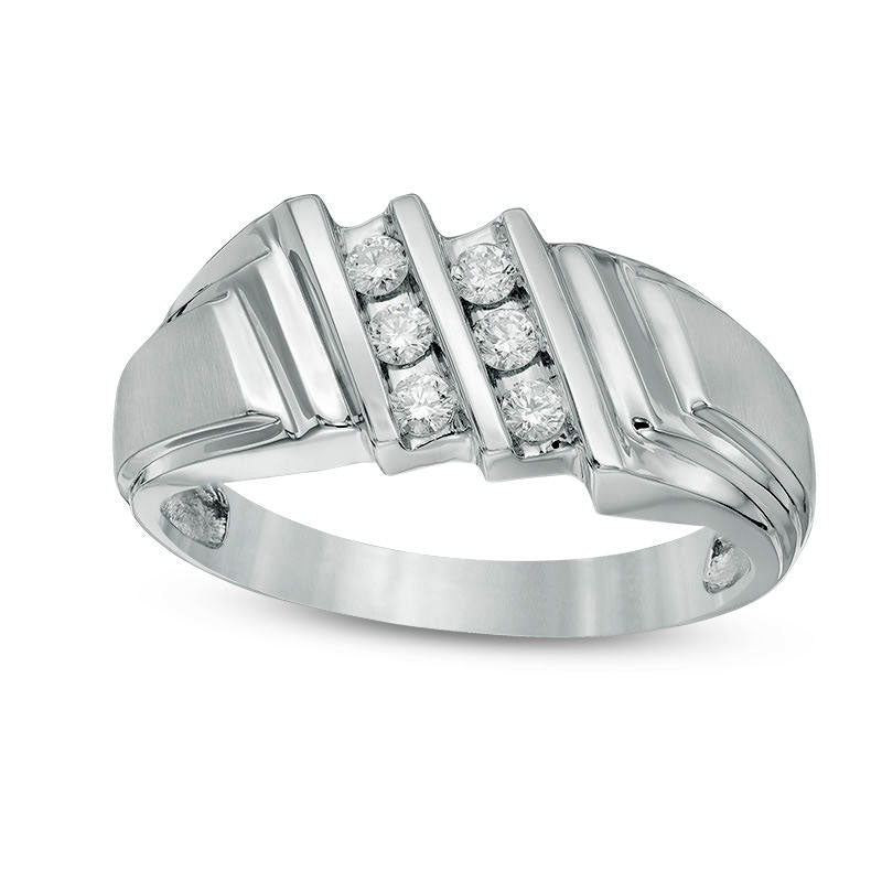 Men's 0.25 CT. T.W. Natural Diamond Slanted Double Row Stepped Shank Ring in Solid 10K White Gold